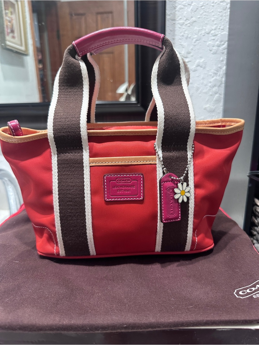 Coach Hamptons Red Nylon Mini Tote Bag Leather Trim Y2K Vintage Daisy Charm